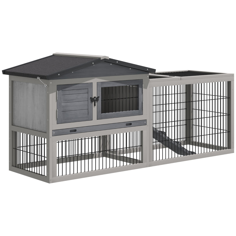 Grey Outdoor Rabbit Hutch with Run, 2-Level Design, Water-Resistant, 150 x 52.5 x 68 cm