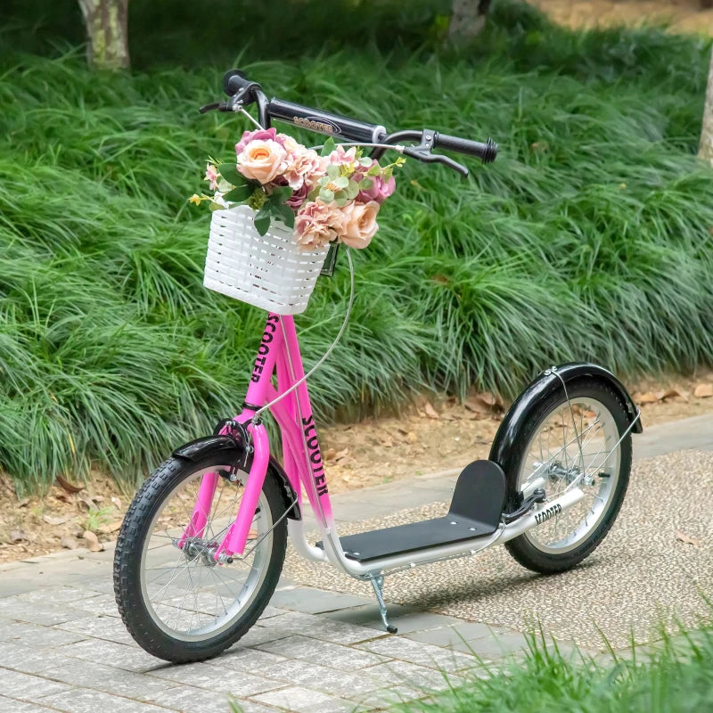 Pink Kids Scooter with Adjustable Handlebar, 2 Brakes, Basket, Cupholder, Mudguard, 16" Inflatable Tyres