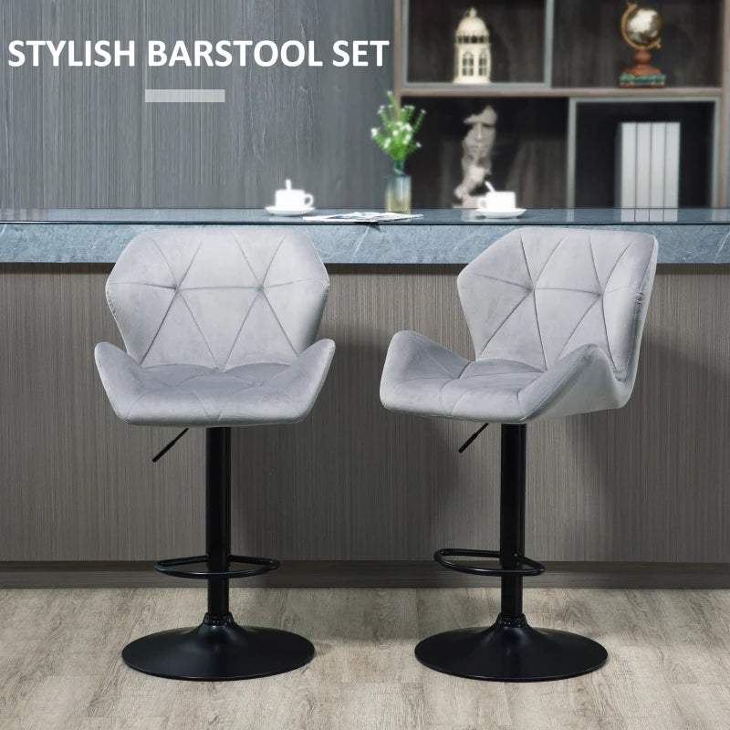 Grey Velvet Barstools Set of 2 with Backrests and Adjustable Height