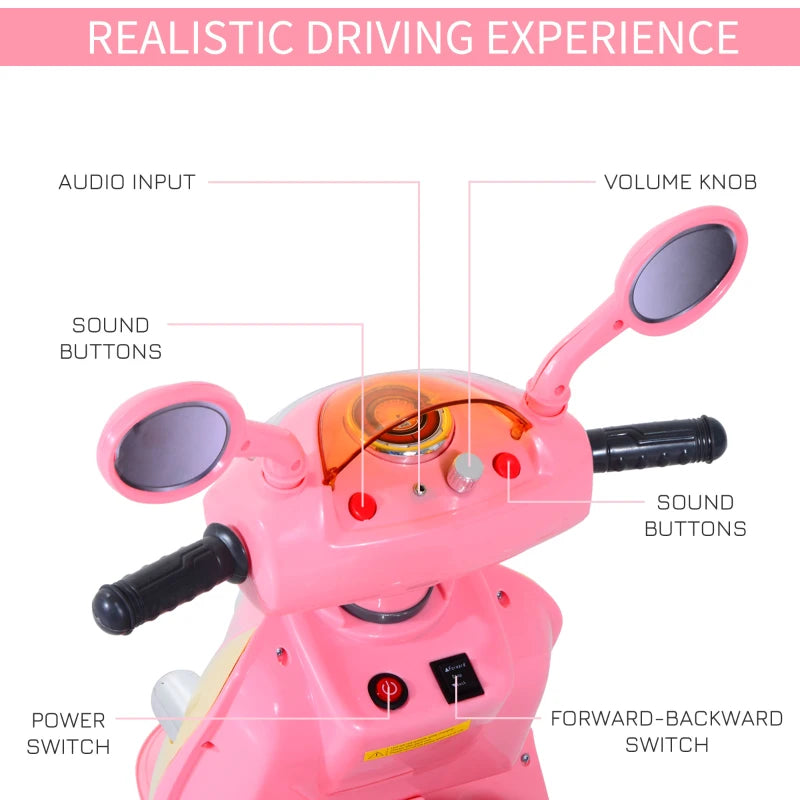 Kids Pink Electric Motorbike Toy Car with Headlight and Music - 6V