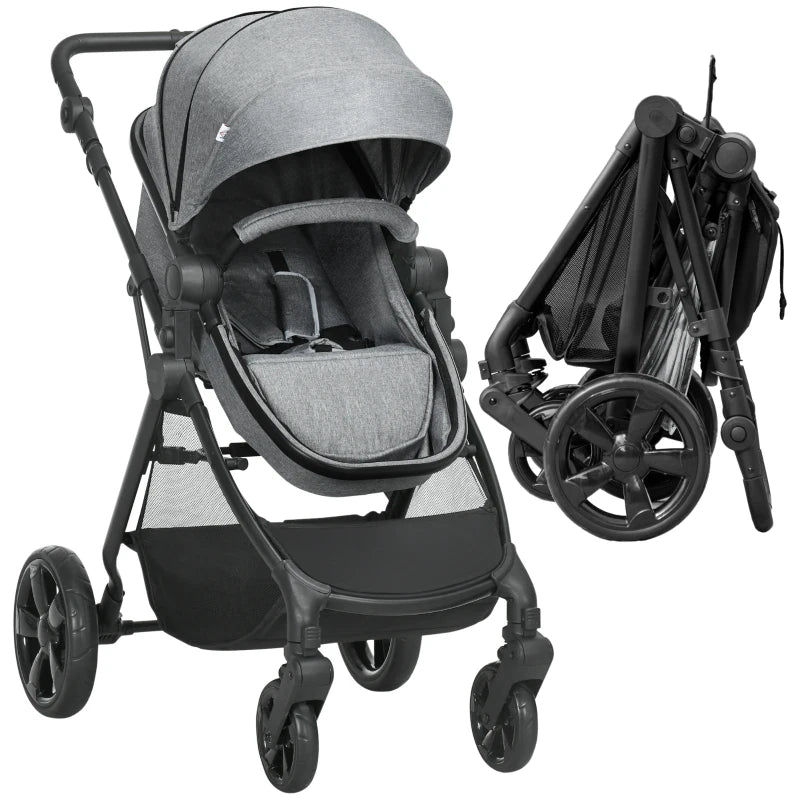 Grey Foldable Baby Stroller with Reclining Backrest and Adjustable Canopy