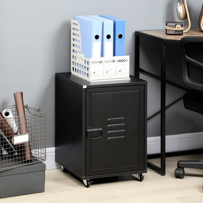 Black Industrial Rolling Bedside Table with Adjustable Shelf