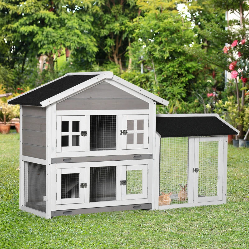 Grey 2 Tier Wooden Small Animal Hutch with Slide-out Tray, Ramp - 150 x 55 x 91cm