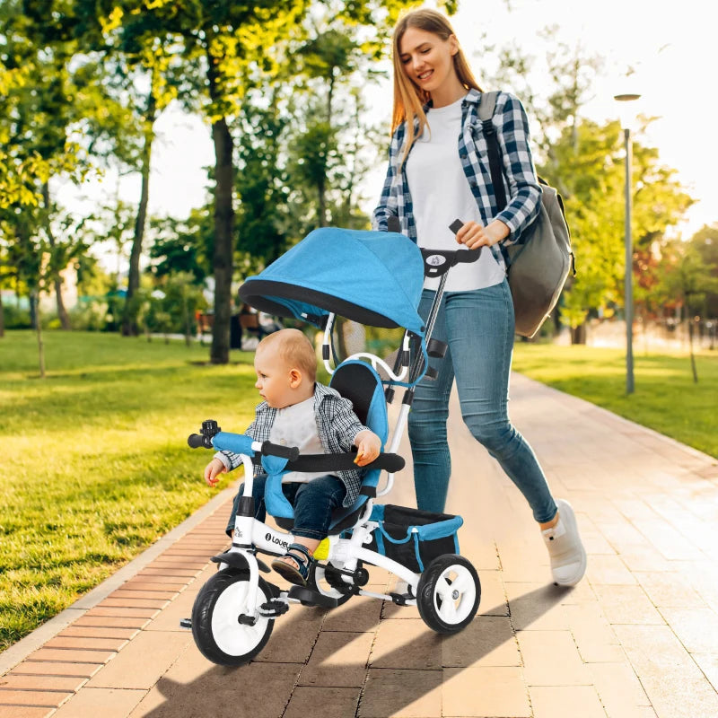 Blue 6-in-1 Kids Trike with Push Handle, Canopy, Safety Belt, Storage, Footrest, Brake