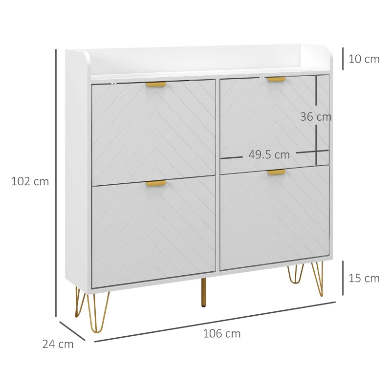 Slim White Shoe Storage Cabinet with 4 Flip Drawers - Adjustable Shelf, Shoe Rack for 16 Pairs