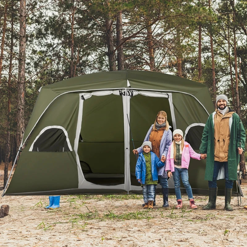 Green 2-Room Family Camping Tent for 4-8 People with Large Mesh Windows