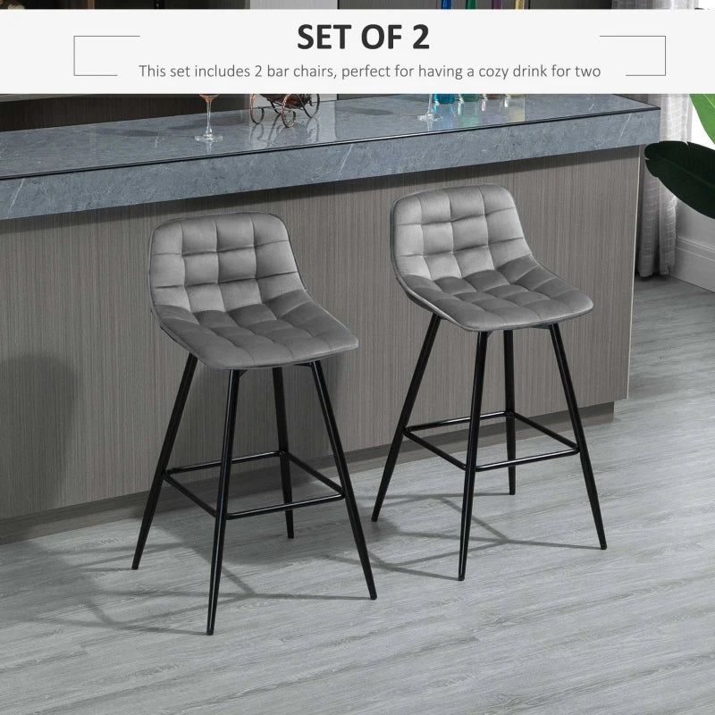 Grey Velvet Bar Stool Set - 2 Upholstered Kitchen Counter Chairs