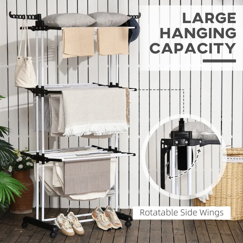 Black 4-Tier Foldable Steel Clothes Drying Rack with Castors