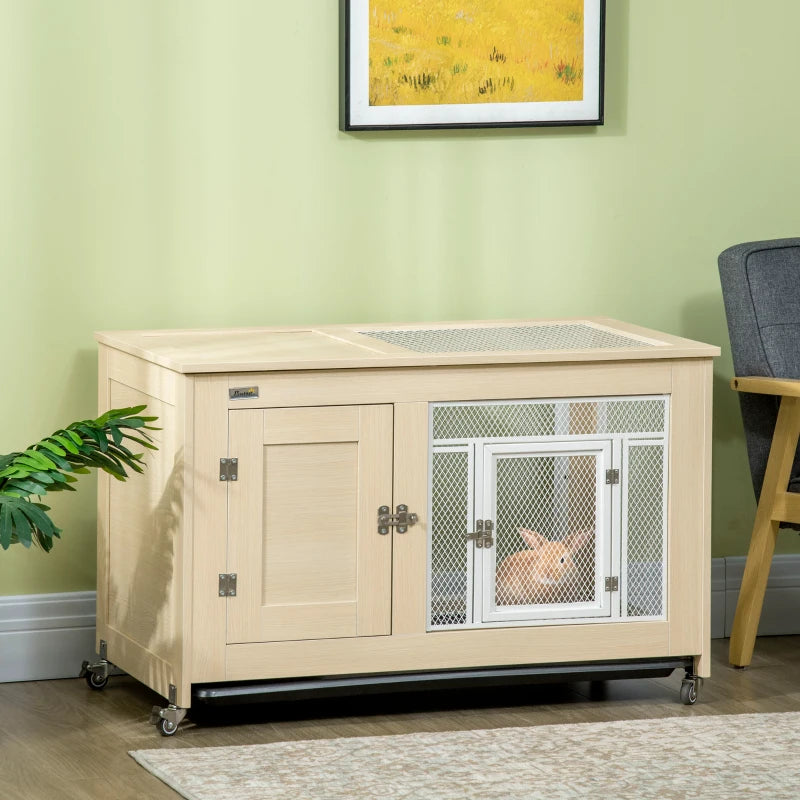 Oak Tone Rabbit Hutch with Wheels & Openable Roof