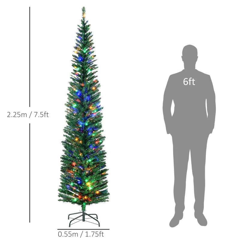 7.5' Pre-lit Christmas Tree with Colourful LED Lights, Pencil Shape, Steel Base