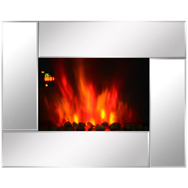 Silver Wall Mount Electric Fireplace Heater with Flame Effect & Tempered Glass