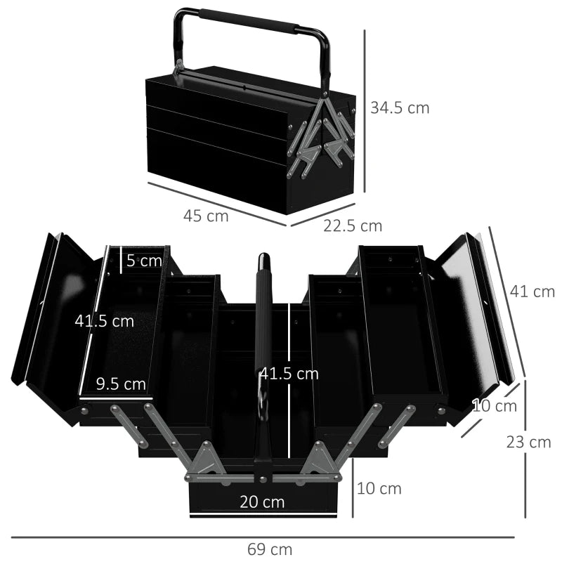 Black 3 Tier Metal Toolbox with Carry Handle, 5 Tray Portable Tool Box