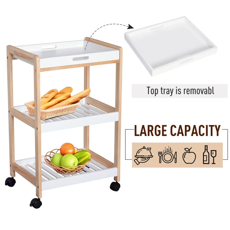 White 3-Tier Mobile Kitchen Trolley Cart with Rolling Wheels - 46 x 35 x 74.5 cm