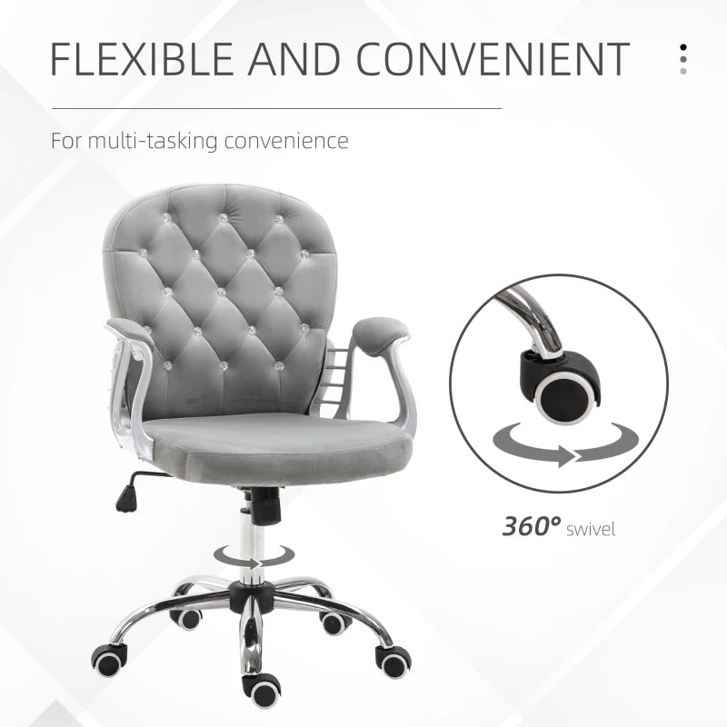 Grey Velvet Swivel Office Chair with Adjustable Height and Wheels