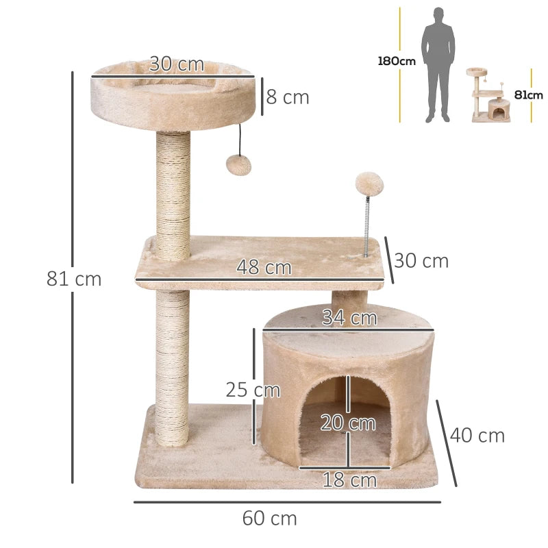 Beige Cat Tree Condo with Scratching Post and Perch - 60x40x81 cm