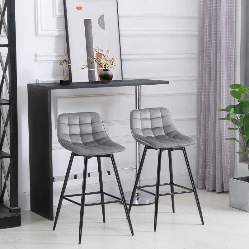 Grey Velvet Bar Stool Set - 2 Upholstered Kitchen Counter Chairs