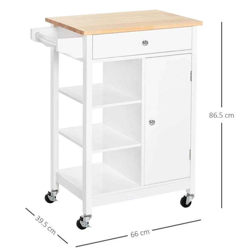 White Kitchen Trolley with Wood Top, 3 Shelves, and Storage Cupboard