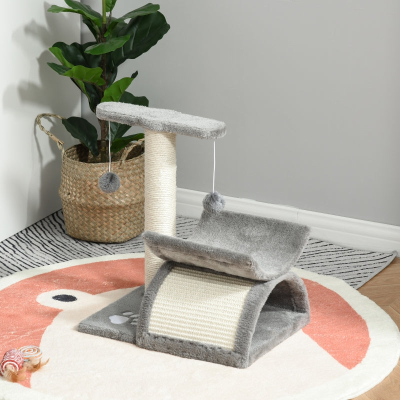 Grey Cat Tree with Rotating Top Bar, Scratching Post, Tunnel & Balls