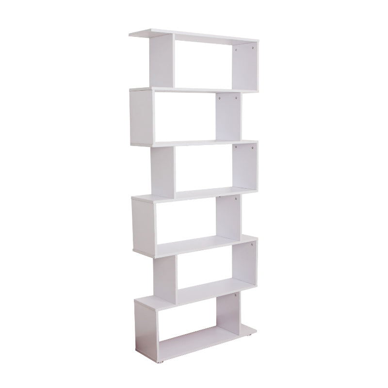White S-Shaped 6-Tier Wooden Bookshelf for Home Office and Living Room