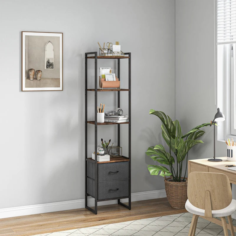 Black Four-Tier Industrial Display Shelf with Drawers