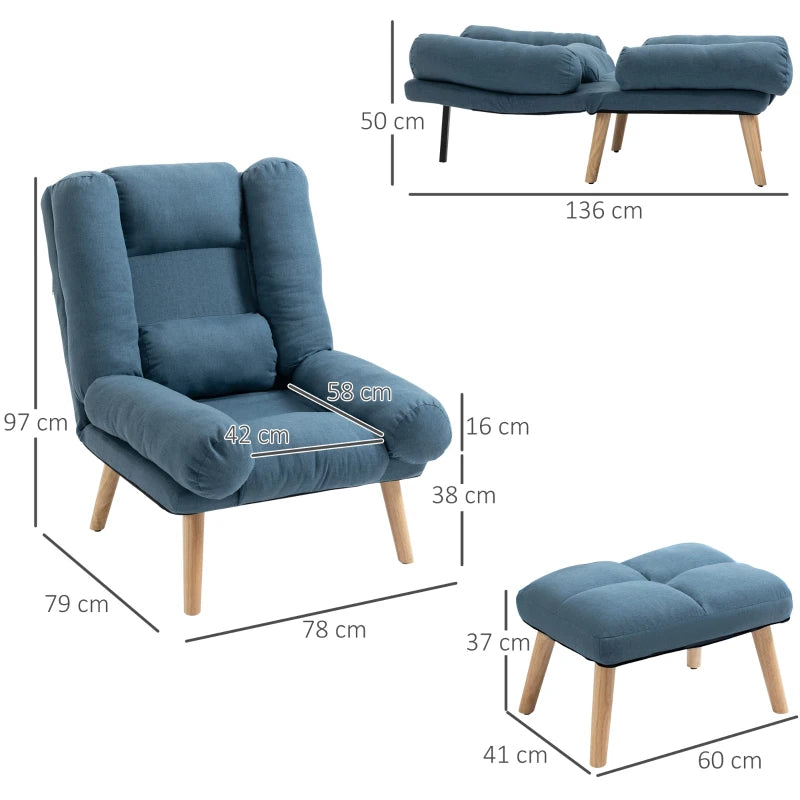 Blue Reclining Armchair with Ottoman and Adjustable Backrest