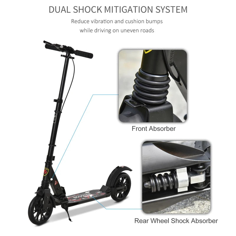 Black Aluminium Foldable Kick Scooter with Shock Absorption for Teens and Adults