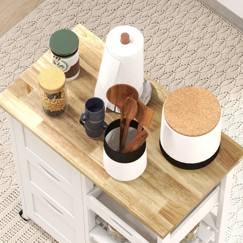 White Rolling Kitchen Island Cart with Shelves & Drawers