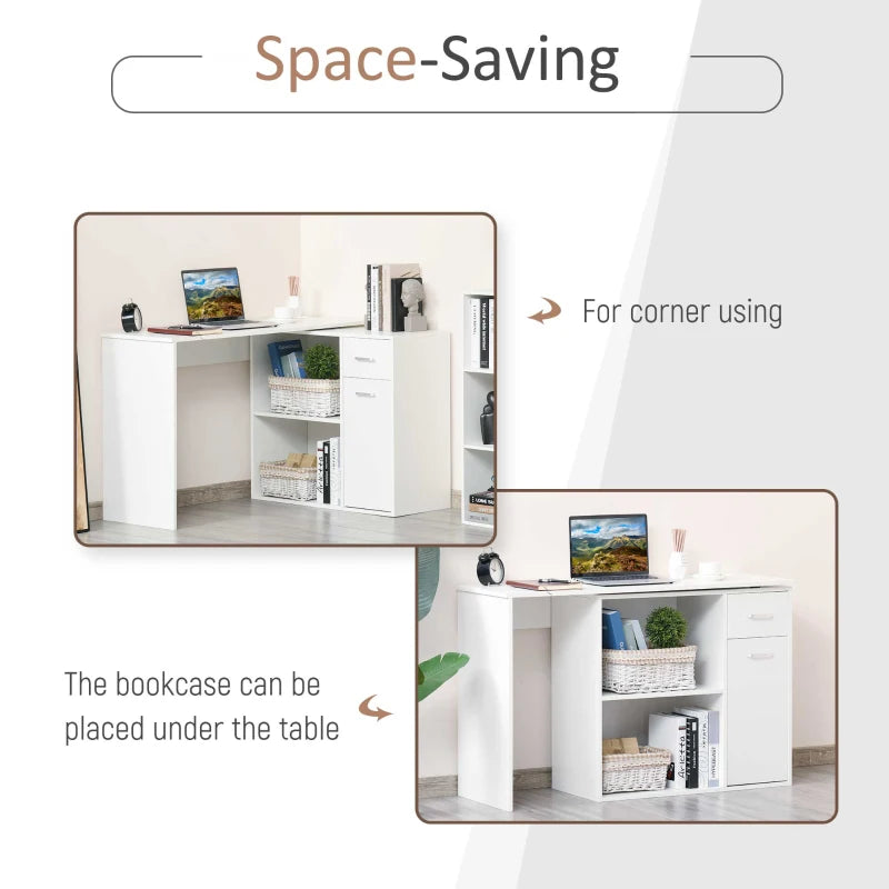 White L-Shaped Computer Desk with Storage Shelf and Drawer