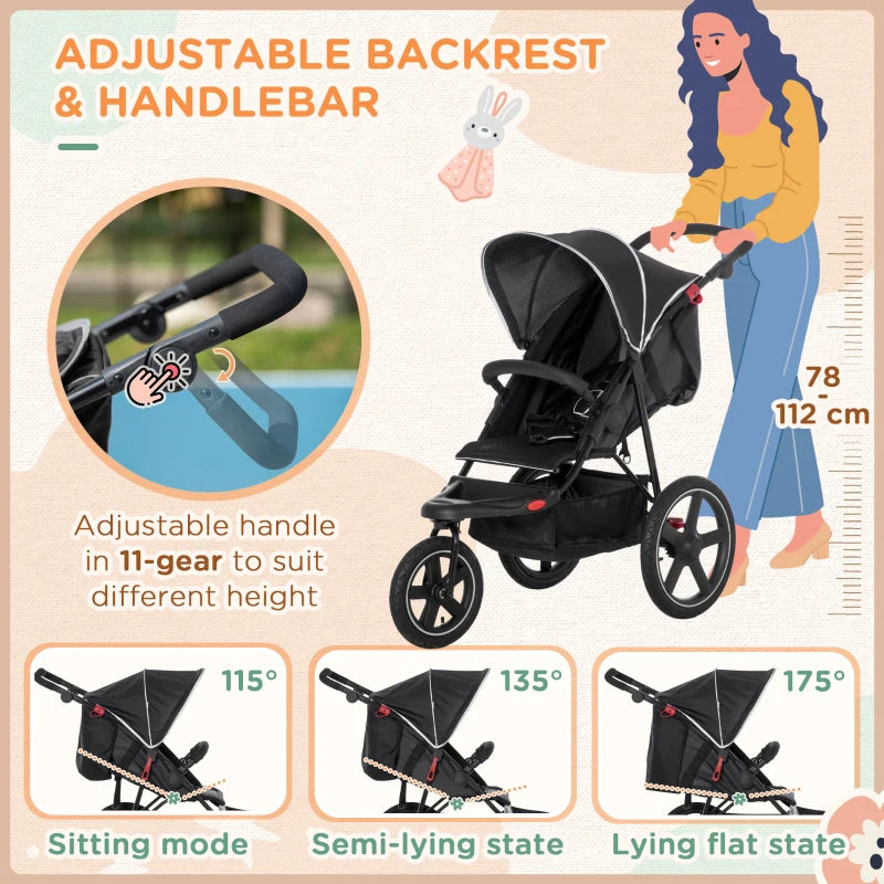 Black Foldable 3-Wheel Baby Stroller with Canopy & Storage Basket