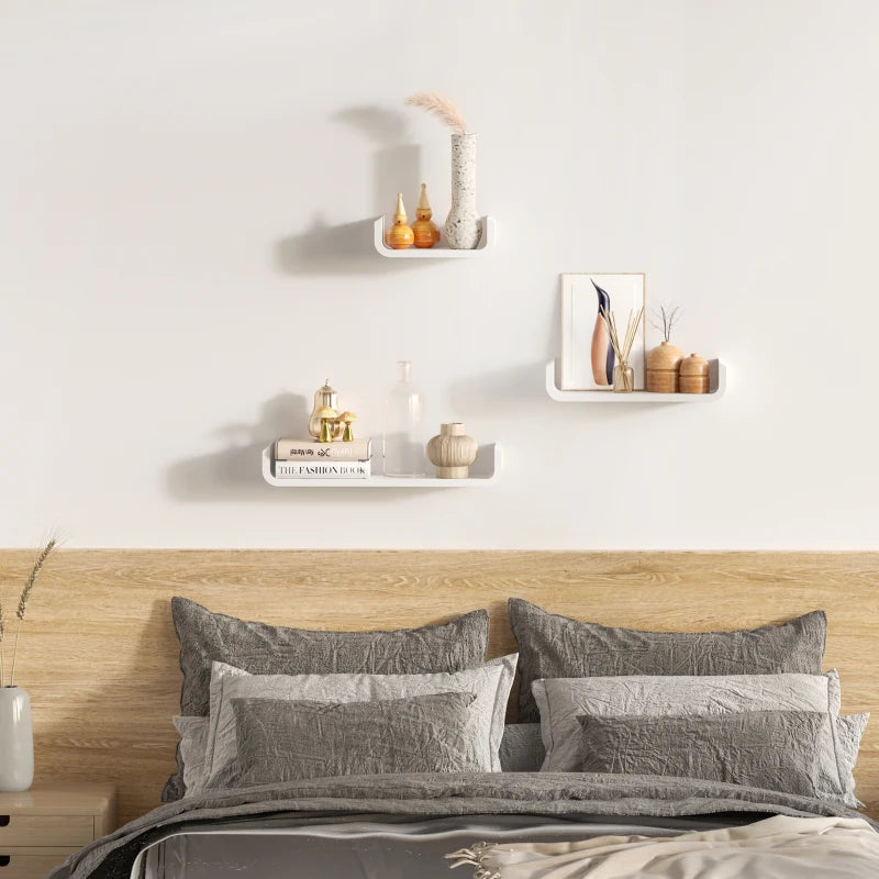 White Floating Wall Shelves Set of 3 - Invisible Mounting for Bedroom & Living Room