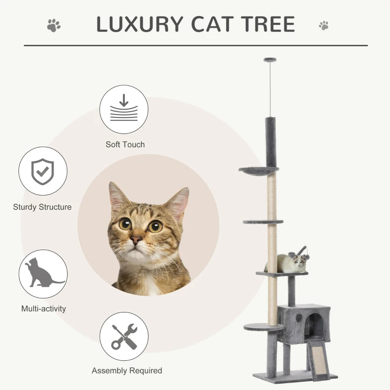 Large Grey Cat Tower - Ceiling High Multilevel Sisal Climber