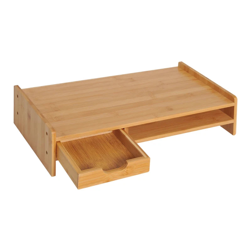 Bamboo Monitor Riser Stand with Drawer - Natural Wood Desk Organizer