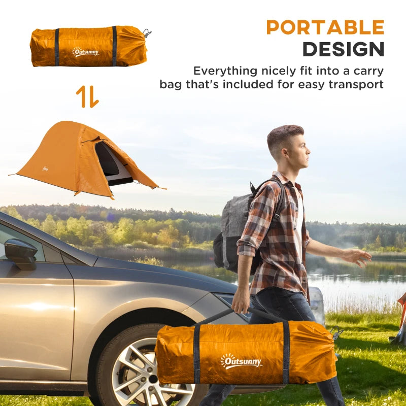 Orange Double Layer Camping Tent, 1-2 Person Backpacking Tent, Waterproof & Lightweight