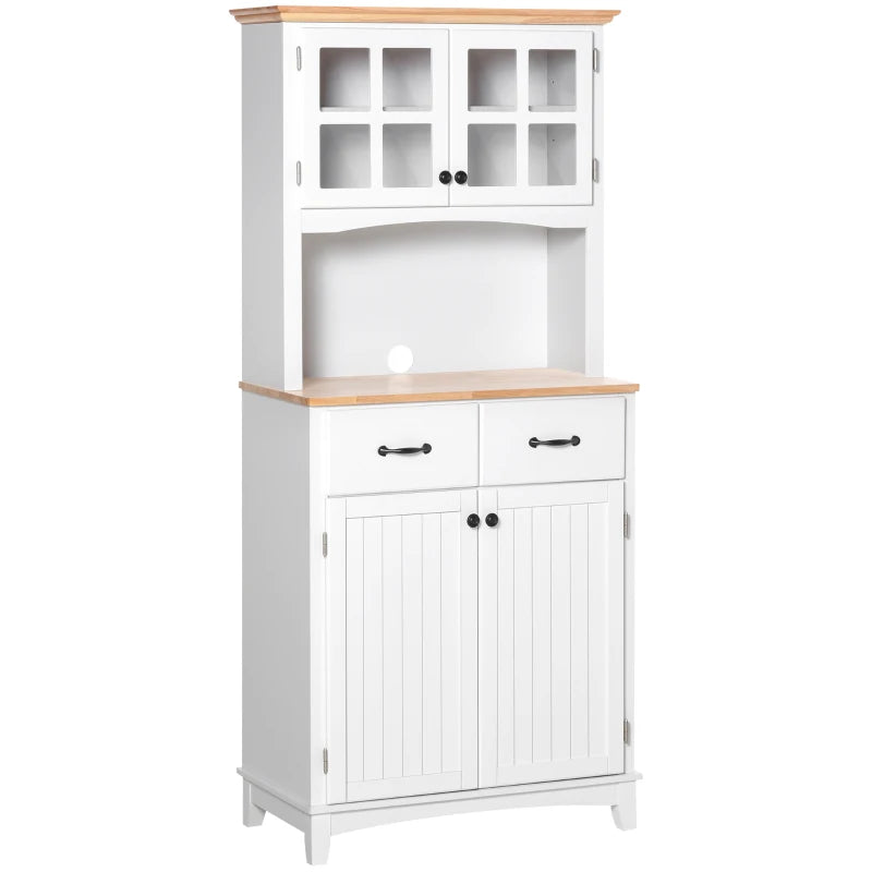 White Kitchen Storage Cabinet with Glass Doors and Drawers