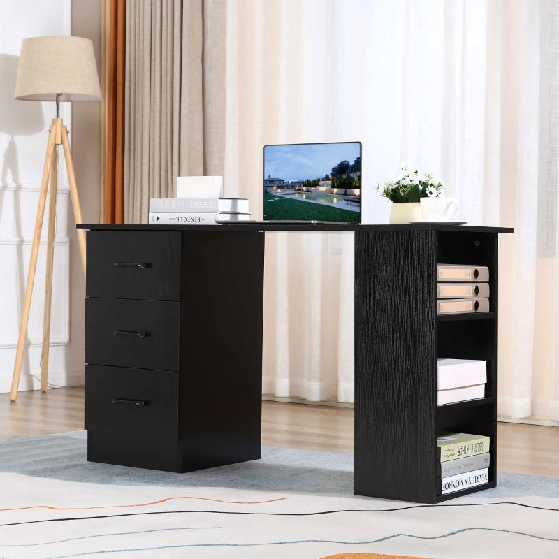 Black Computer Desk with Storage Shelves and Drawers