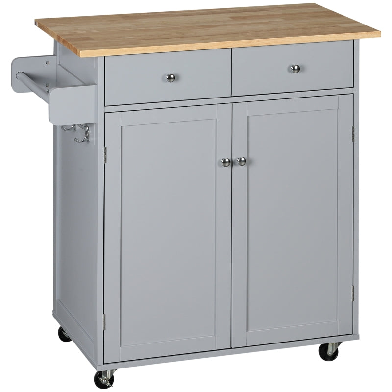 Grey Rolling Kitchen Island Cart with Rubber Wood Top and Storage