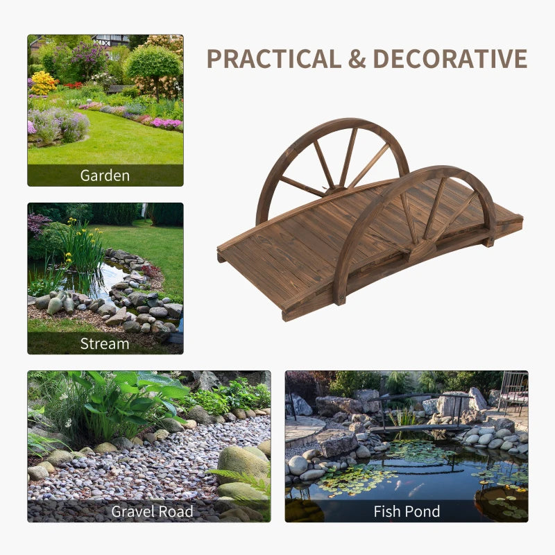 Wooden Garden Bridge Stained Finish Arc - Outdoor Pond Walkway Decor - 100L x 50W x 37Hcm