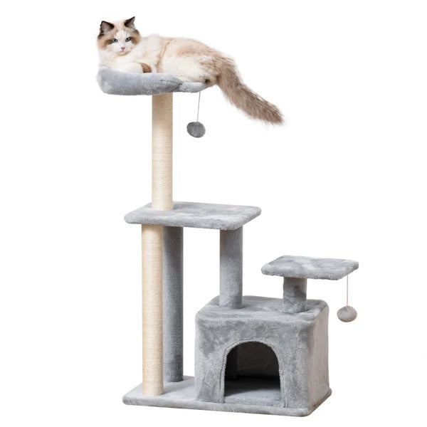 Cat Climbing Tower 114cm with Scratching Post & Toy - Light Grey