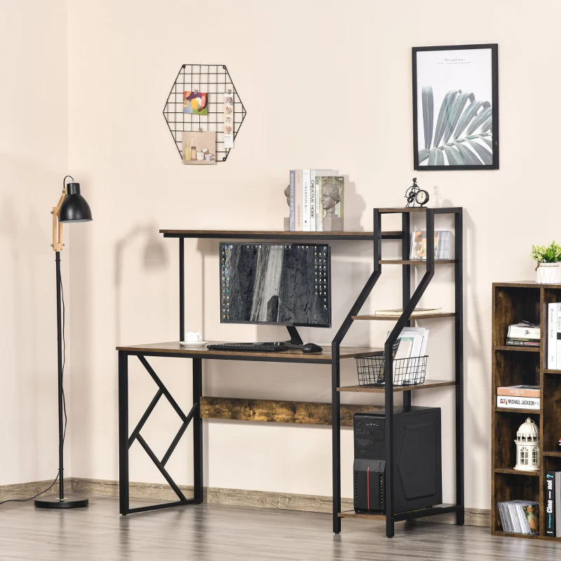 Rustic Brown Industrial Computer Desk with 6 Tier Shelves