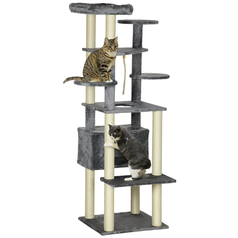 Modern Grey Cat Tree with Bed, Perches, Scratching Posts - 184cm