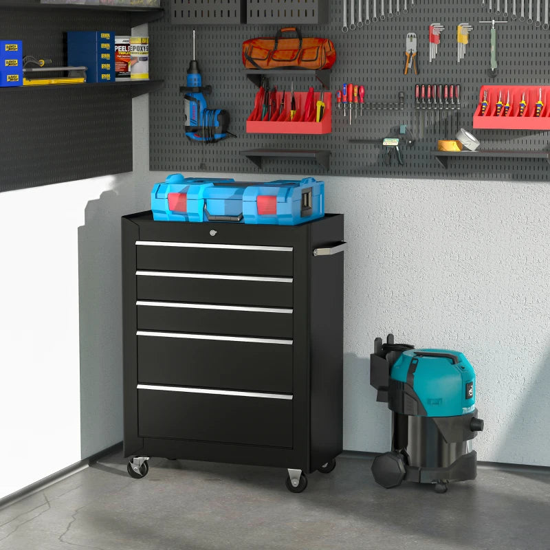 Black 5-Drawer Lockable Steel Tool Cabinet with Wheels