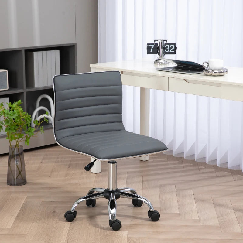 Dark Grey Armless Swivel Office Chair - PU Leather, Chrome Base