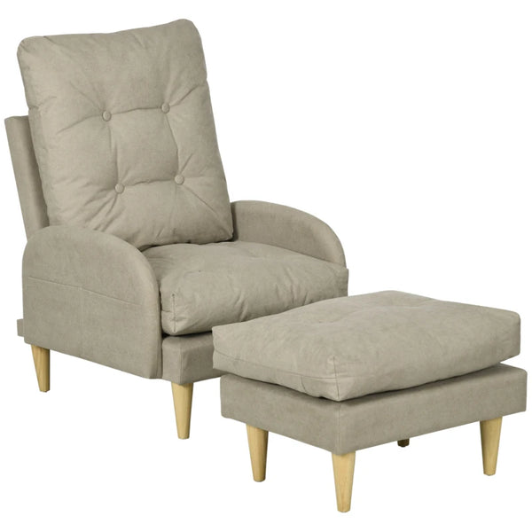 Beige Upholstered Recliner Armchair Set with Footstool - Modern Button Tufted Accent Chair