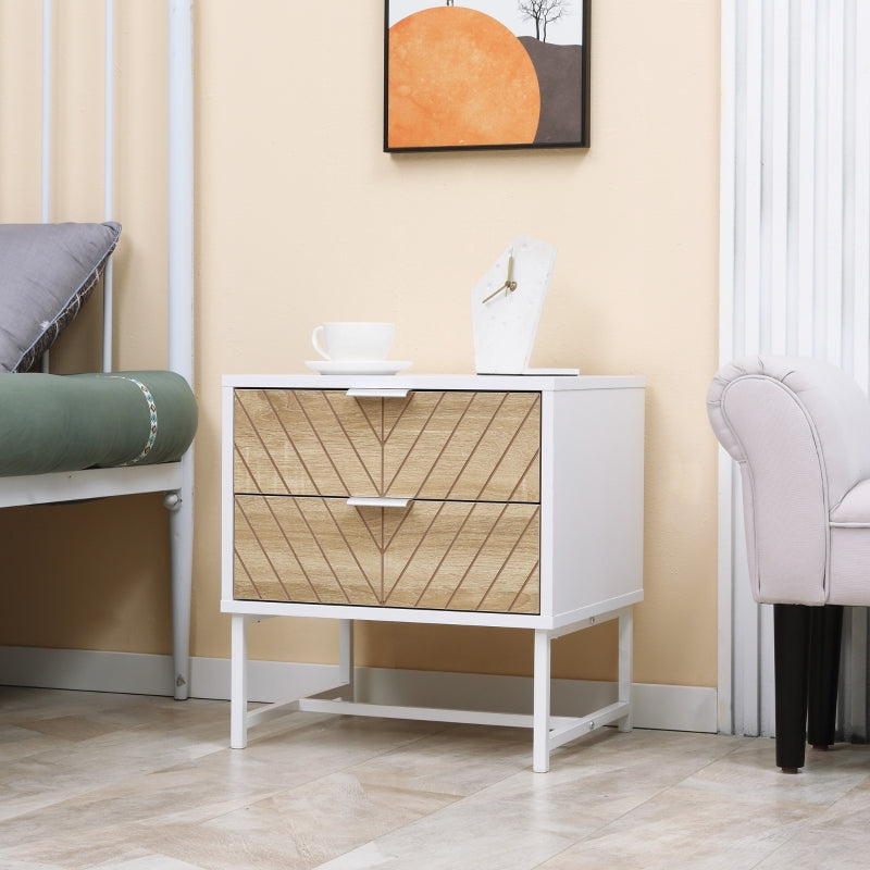 Modern White and Oak 2-Drawer Bedside Table with Metal Frame