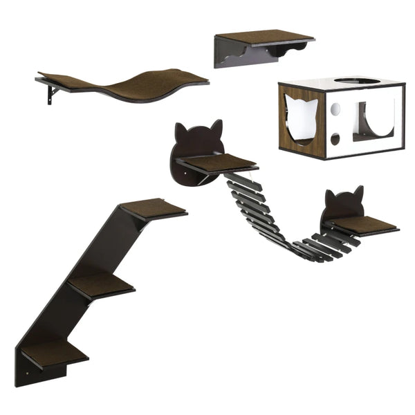 Brown Cat Wall Shelves Set - 5-Piece Wall-Mounted Cat Tree