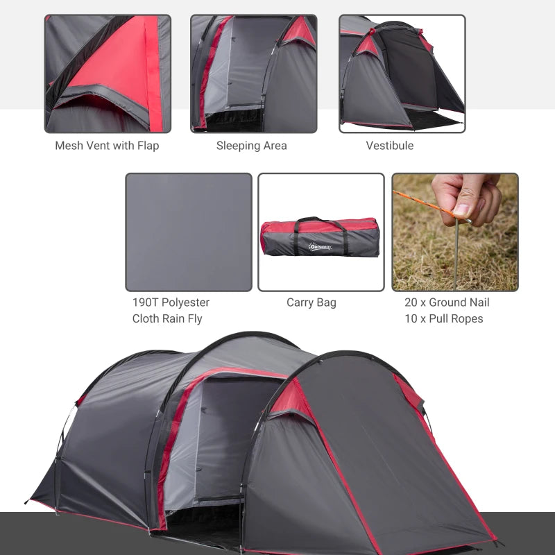 Grey 2-3 Person Tunnel Camping Tent with Porch