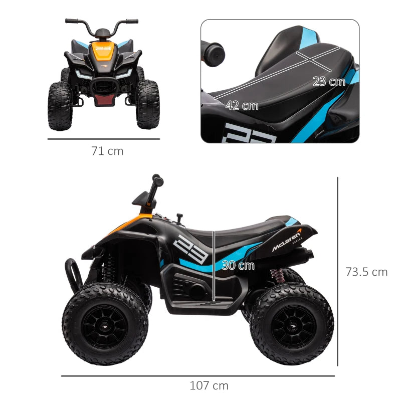 12V Black Quad Bike for Kids, Music, Headlights, MP3, Suspension Wheels - Ages 3-8