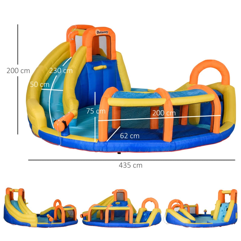 6-in-1 Kids Inflatable Bouncy Castle with Slide, Pool, Water Gun, Climbing Wall - Blue