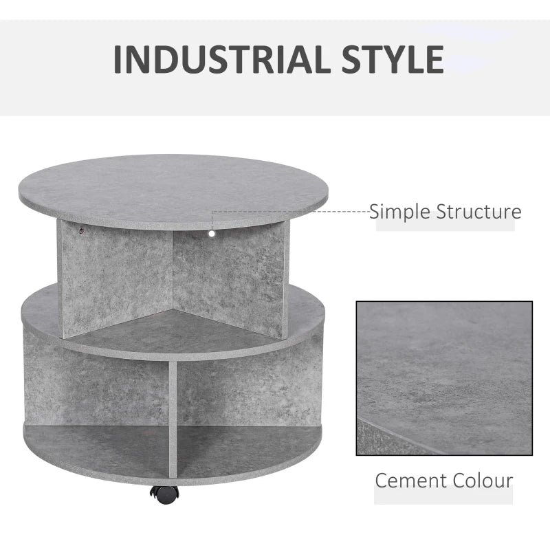 Round Cement Coffee Table with Divided Shelves and Wheels