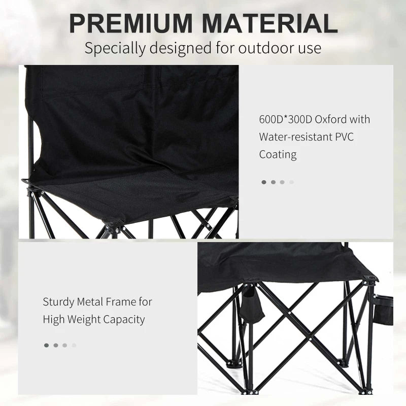 Black 6-Seater Folding Outdoor Bench with Cup Holder & Carry Bag